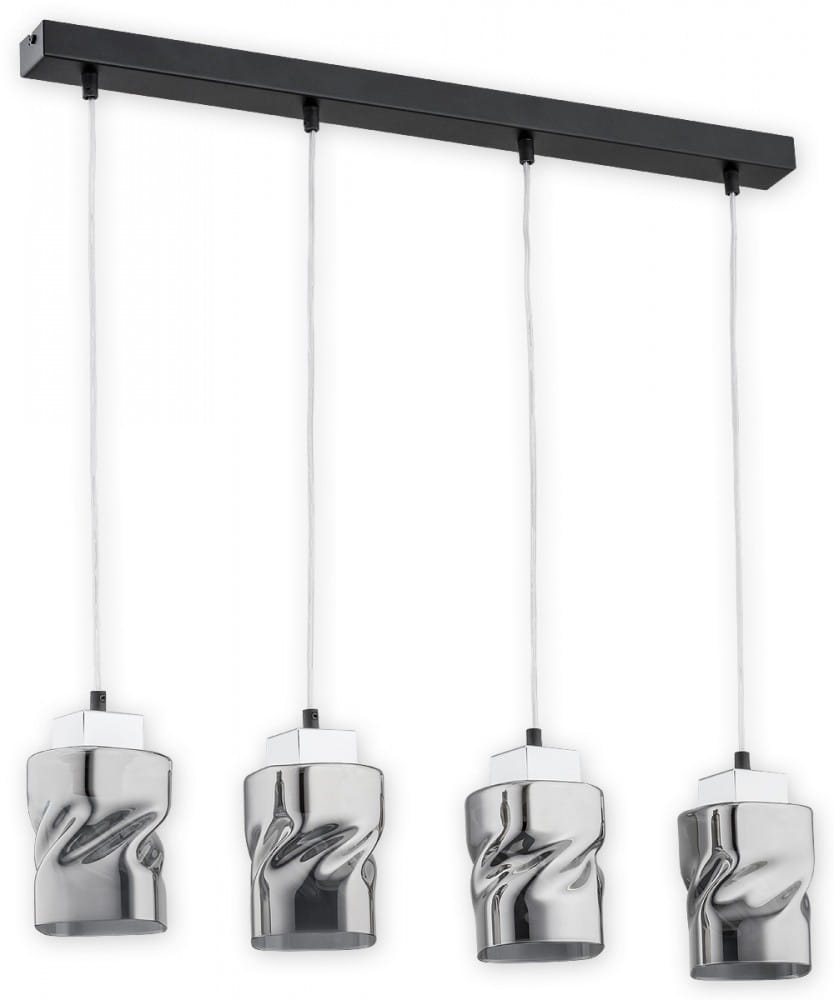 Czarna lampa wisząca Meru z czterema punktami świetlnymi, z metalowymi kloszami o falistym kształcie. Utrzymana w minimalistycznym stylu, z prostokątnym, czarnym stelażem. Kable zawieszenia w białym kolorze.