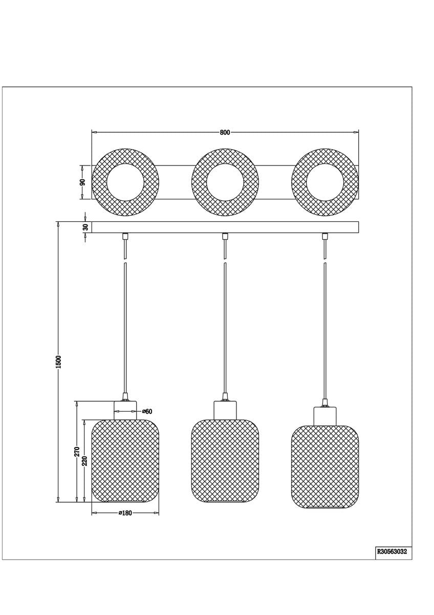 Lampa wisząca Calimero 3-punktowa, z trzema kwadratowymi kloszami o wymiarach 180x220 mm, zawieszonymi na cienkich linkach. Klosze mają teksturowaną powierzchnię. Całość umieszczona na prostokątnej podstawie o długości 800 mm.
