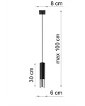 Loopez lampa wisząca 1-punktowa w kolorze czarnym z chromowanym detalem. Cylindryczny kształt, długość 30 cm, średnica 6 cm. Zawieszona na czarnym przewodzie, maksymalna wysokość 100 cm. Prosta, nowoczesna forma.