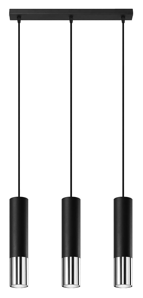 Loopez lampa wisząca 3-punktowa w kolorze czarnym z chromowanymi detalami. Składa się z trzech cylindrycznych kloszy zawieszonych na cienkich linkach, montowana do sufitu. Prosta forma, idealna do nowoczesnych wnętrz.