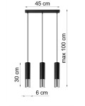 Lampa wisząca 3-punktowa Loopez w kolorze czarnym i chromowanym. Wymiary: długość 45 cm, wysokość max 100 cm, średnica 6 cm, z trzema cylindrycznymi kloszami. Zawieszona na czarnych przewodach, minimalistyczny design.