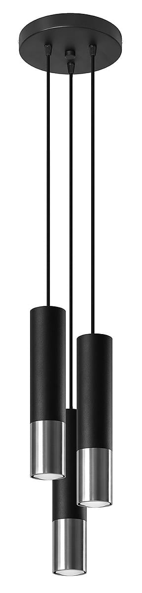 Loopez lampa wisząca 3-punktowa w kolorze czarnym i chromowanym, zawieszona na trzech cienkich przewodach. Składa się z trzech cylindrycznych kloszy z matowym czarnym wykończeniem i błyszczącymi chromowanymi podstawami.