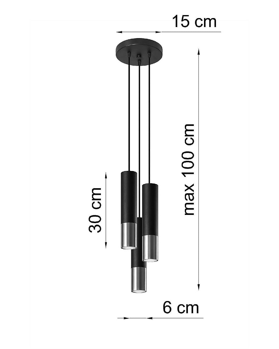 Lampa wisząca Loopez 3-punktowa w kolorze czarnym i chromowanym. Składa się z trzech cylindrycznych kloszy o średnicy 6 cm, zawieszonych na czarnych linkach. Wysokość lampy wynosi 30 cm, a maksymalna długość zawieszenia to 100 cm.