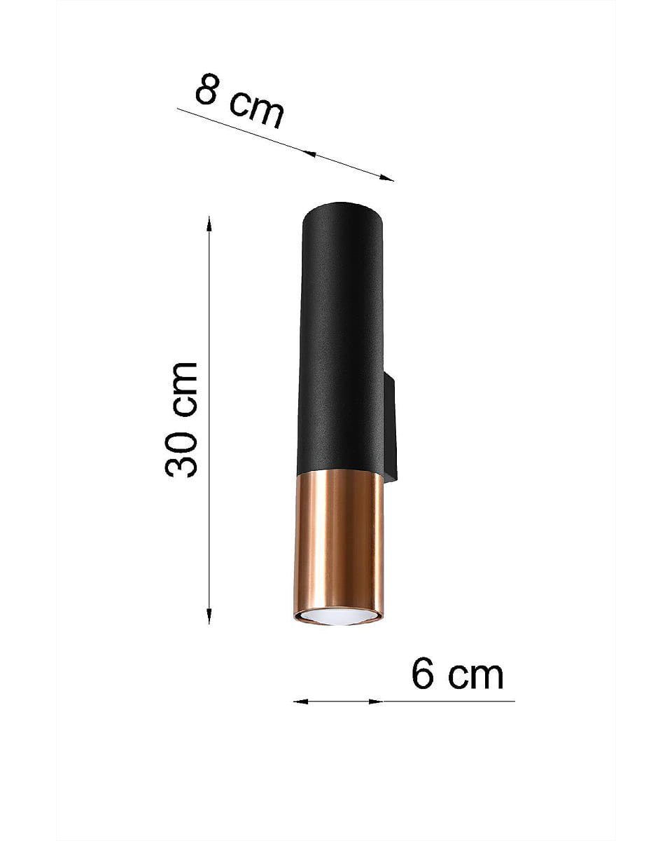 Kinkiet Loopez 2-punktowy w kolorze czarnym i miedzianym. Wysokość 30 cm, średnica górnej części 8 cm, dolnej 6 cm. Prosty, cylindryczny kształt, montowany na ścianie, idealny do nowoczesnych wnętrz.