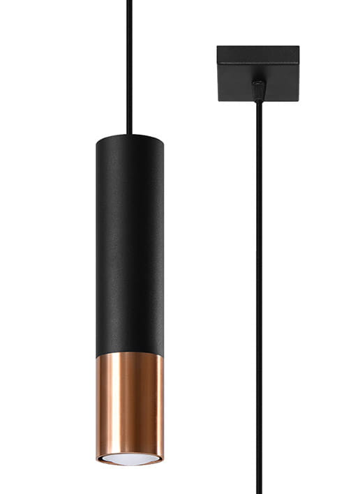 Loopez lampa wisząca 1-punktowa w kolorze czarnym z miedzianym akcentem. Cylindryczny klosz z matowego metalu, zawieszony na cienkim przewodzie. Górna część w kolorze czarnym, dolna miedziana, z białym wnętrzem. Montaż sufitowy.