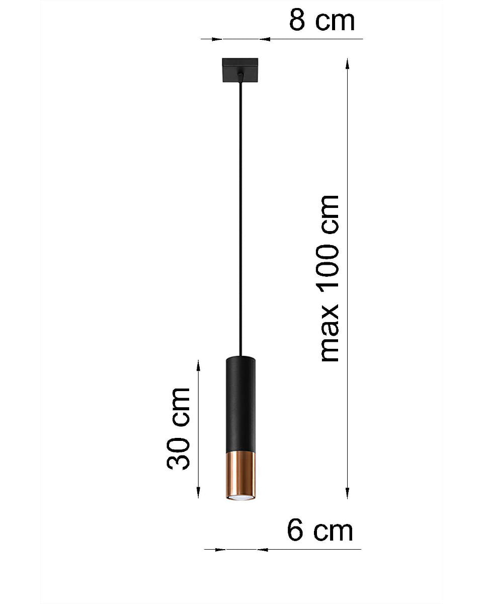 Loopez lampa wisząca 1-punktowa w kolorze czarnym z miedzią, o wymiarach 30 cm wysokości i 6 cm średnicy, zawieszona na czarnym przewodzie. Prosta, cylindryczna konstrukcja z górną częścią w kolorze czarnym i dolną w kolorze miedzianym.