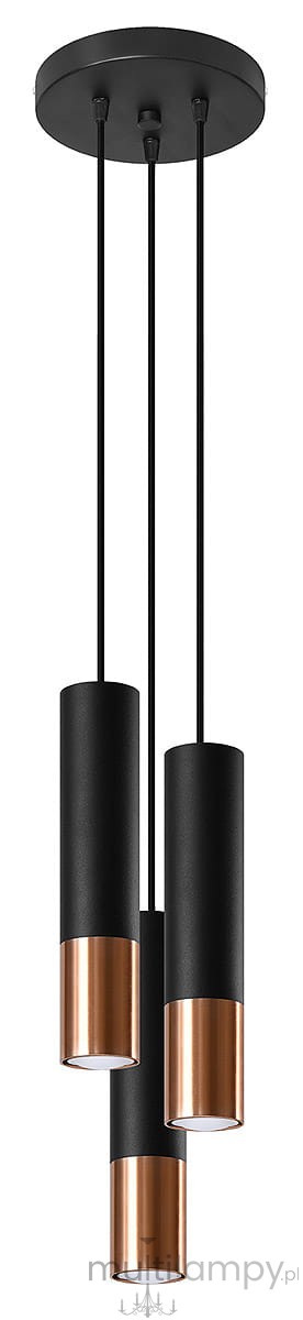 Loopez lampa wisząca 3-punktowa w kolorze czarnym z miedzianymi detalami. Składa się z trzech cylindrycznych kloszy, zawieszonych na długich, czarnych przewodach. Górna część lampy ma okrągły, czarny uchwyt.
