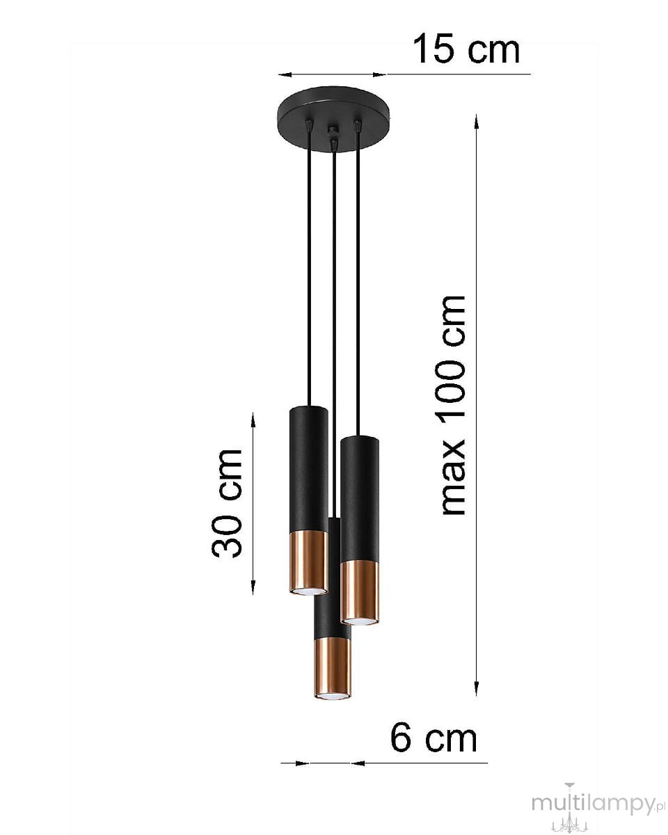 Lampa wisząca Loopez 3-punktowa w kolorze czarnym z miedzianymi detalami. Składa się z trzech cylindrycznych kloszy o wysokości 30 cm i średnicy 6 cm, zawieszonych na czarnych linkach. Maksymalna długość zawieszenia wynosi 100 cm.
