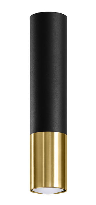Loopez lampa sufitowa 1-punktowa w kolorze czarnym z metalowym złotym wykończeniem. Okrągły kształt, matowa powierzchnia z czarnym górnym cylindrem i połyskującą złotą podstawą. Zamontowana w pionie, idealna do nowoczesnych wnętrz.
