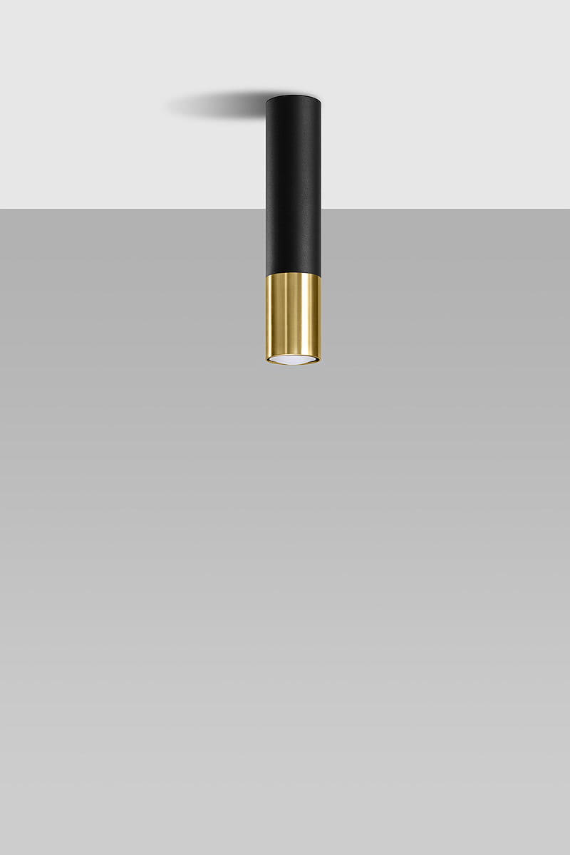 Loopez lampa sufitowa 1-punktowa w kolorze czarnym z złotym wykończeniem, w formie cylindrycznej, zawieszona na gładkim, jasnoszarym tle. Widoczna metalowa podstawa w złotym kolorze oraz czarna obudowa, bez dodatkowych elementów dekoracyjnych.