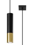 Loopez lampa wisząca 1-punktowa w kolorze czarnym i złotym, cylindryczna, z metalowym wykończeniem. Zawieszona na czarnym przewodzie, z prostokątnym mocowaniem sufitowym. Długość lampy wynosi około 30 cm. Idealna do nowoczesnych wnętrz.