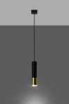 Czarna lampa wisząca Loopez z metalowym złotym wykończeniem, w kształcie cylindrycznym. Zawieszona na cienkim przewodzie, z widocznym źródłem światła u dołu. Minimalistyczny design, idealna do nowoczesnych wnętrz.