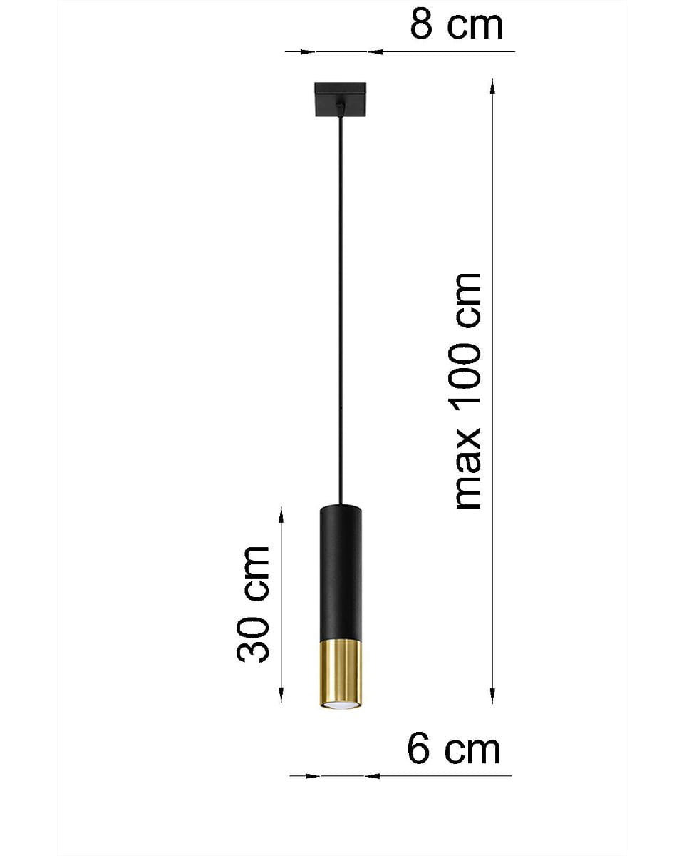 Loopez lampa wisząca 1-punktowa w kolorze czarnym z złotym akcentem. Cylindryczny kształt o wymiarach 30 cm wysokości i 6 cm średnicy, zawieszona na czarnym przewodzie do maksymalnej długości 100 cm. Montaż sufitowy.