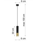 Loopez lampa wisząca 1-punktowa w kolorze czarnym z złotym akcentem. Cylindryczny kształt o wymiarach 30 cm wysokości i 6 cm średnicy, zawieszona na czarnym przewodzie do maksymalnej długości 100 cm. Montaż sufitowy.