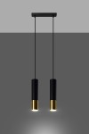 Loopez lampa wisząca 2-punktowa w kolorze czarnym i złotym. Dwa cylindryczne klosze, czarne u góry, złote na dole, zawieszone na cienkich linkach. Prosta, nowoczesna forma, umieszczona na szarym tle. Idealna do oświetlenia wnętrz.