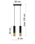 Lampa wisząca Loopez 2-punktowa w kolorze czarnym i złotym, z dwoma cylindrycznymi kloszami o wysokości 30 cm i średnicy 6 cm, zawieszona na czarnych linkach. Wymiary podstawy: 30 cm. Maksymalna długość zawieszenia: 100 cm.