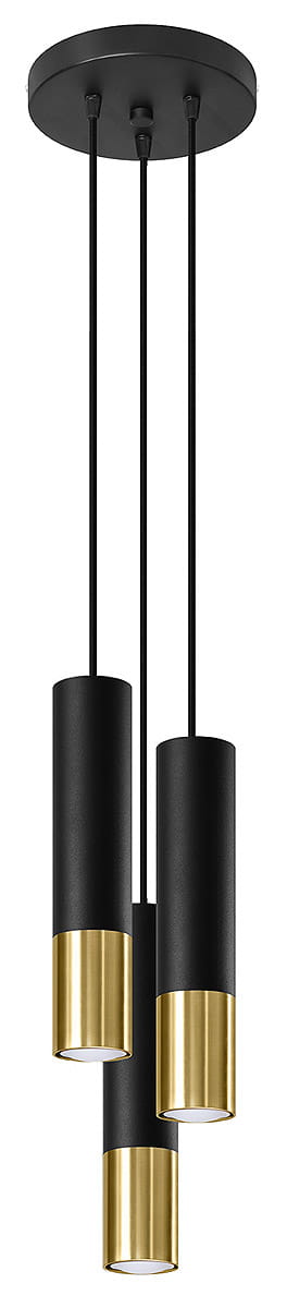 Lampa wisząca Loopez 3-punktowa w kolorze czarnym i złotym. Trzy cylindryczne klosze z matowego czarnego metalu z połyskującymi złotymi detalami, zawieszone na cienkich linkach, montowane do sufitu. Prosty, nowoczesny design.