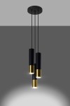 Lampa wisząca Loopez 3-punktowa w kolorze czarnym z złotymi akcentami. Składa się z trzech cylindrycznych kloszy zawieszonych na cienkich linkach. Klosze mają matową powierzchnię i połyskujące złote dolne części, montowane pod sufit.