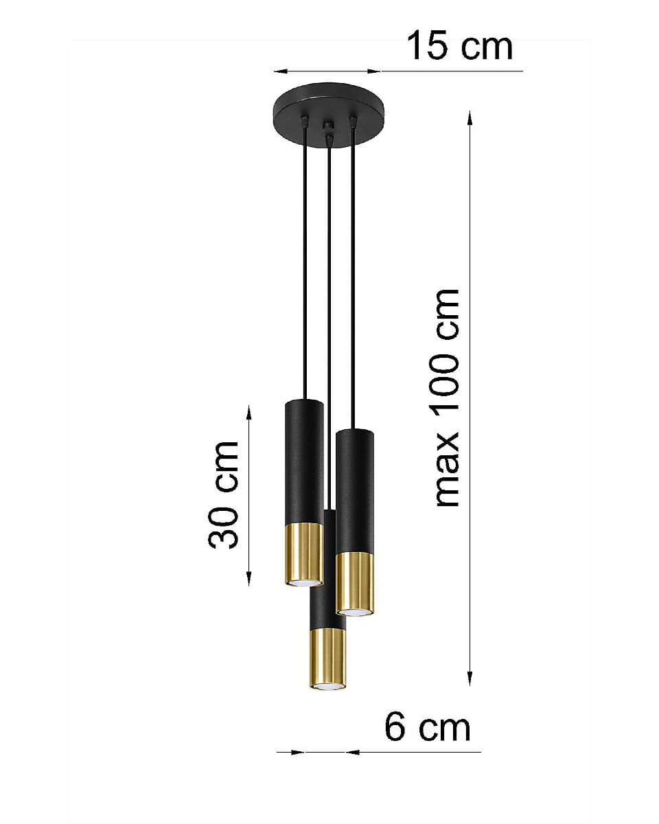 Lampa wisząca Loopez 3-punktowa w kolorze czarnym i złotym. Składa się z trzech cylindrycznych kloszy o średnicy 6 cm, zawieszonych na linkach. Wysokość 30 cm, maksymalna długość 100 cm, średnica podstawy 15 cm.