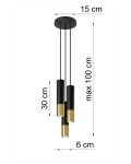 Lampa wisząca Loopez 3-punktowa w kolorze czarnym i złotym. Składa się z trzech cylindrycznych kloszy o średnicy 6 cm, zawieszonych na linkach. Wysokość 30 cm, maksymalna długość 100 cm, średnica podstawy 15 cm.