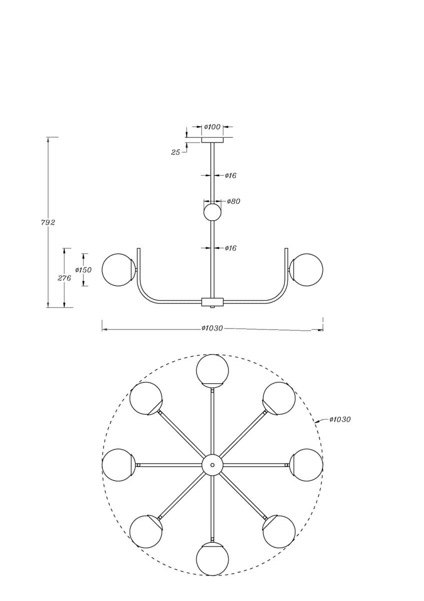 Lampa wisząca Rendez-vous 8-punktowa w kolorze mosiądzu. Posiada okrągłe klosze rozmieszczone na promieniu, w układzie symetrycznym. Ujęcie pokazuje widok z boku oraz z góry, z wymiarami 1030 mm średnicy i 792 mm wysokości.