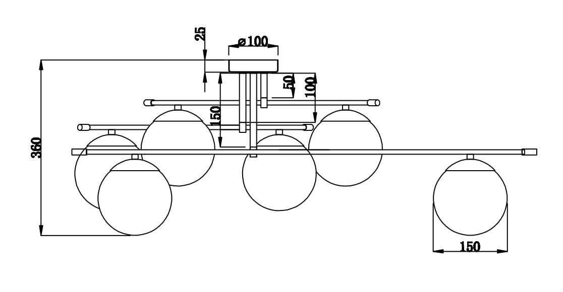 Lampa sufitowa Nostalgia 6-punktowa w kolorze złotym. Konstrukcja z sześcioma okrągłymi kloszami o średnicy 100 mm, zamontowana na prostokątnej podstawie. Wymiary: wysokość 360 mm, szerokość 150 mm. Ujęcie z boku, ukazujące detale i proporcje.