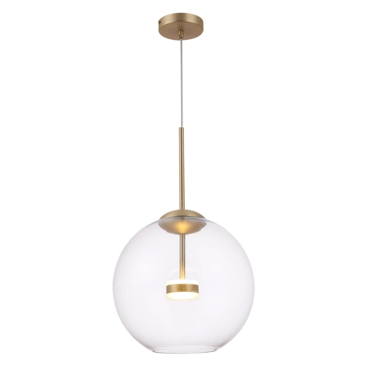 Lampa wisząca Cometa LED MOD056PL-L12G3K w kształcie przezroczystej kuli z metalowym, złotym wykończeniem. Zawieszona na cienkim przewodzie, z centralnym źródłem światła. Idealna do nowoczesnych wnętrz.