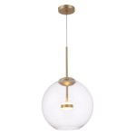 Lampa wisząca Cometa LED MOD056PL-L12G3K w kształcie przezroczystej kuli z metalowym, złotym wykończeniem. Zawieszona na cienkim przewodzie, z centralnym źródłem światła. Idealna do nowoczesnych wnętrz.