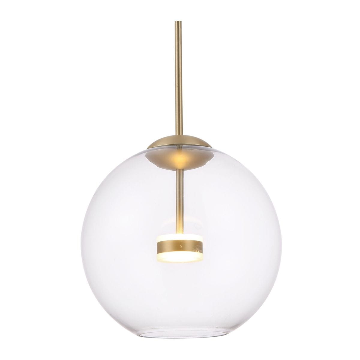 Lampa wisząca Cometa LED, 1-punktowa, z przezroczystym kloszem w kształcie kuli i złotym wykończeniem. Produkt zawieszony na cienkim metalowym stelażu, z widocznym źródłem światła w centralnej części. Tło białe, co podkreśla elegancki design.