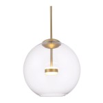 Lampa wisząca Cometa LED, 1-punktowa, z przezroczystym kloszem w kształcie kuli i złotym wykończeniem. Produkt zawieszony na cienkim metalowym stelażu, z widocznym źródłem światła w centralnej części. Tło białe, co podkreśla elegancki design.