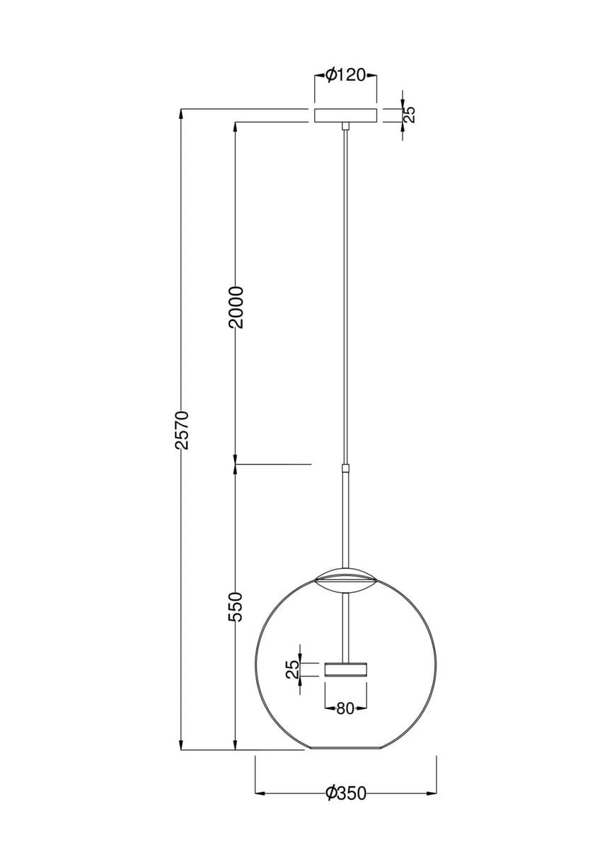 Lampa wisząca Cometa LED 1-punktowa, okrągła, o średnicy 350 mm, wykonana z metalu i szkła, zawieszona na regulowanym przewodzie. Ujęcie frontalne, z widocznymi wymiarami oraz mocowaniem. Kolor neutralny.