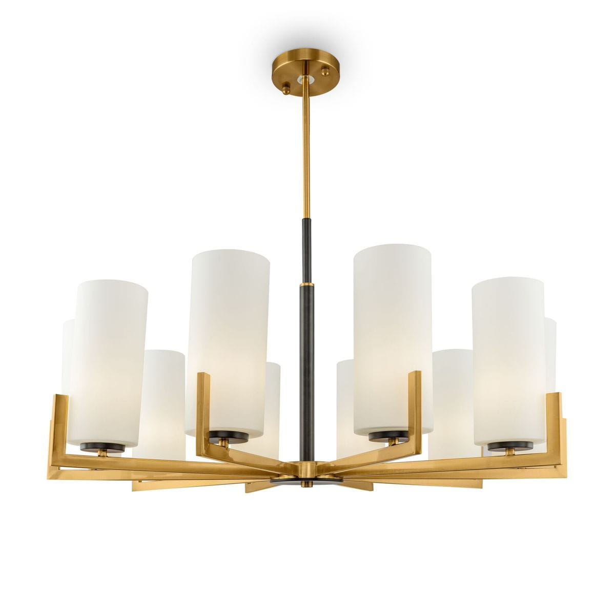 Lampa wisząca Fortano MOD089PL-10BS, 10-punktowa, z metalową konstrukcją w odcieniu złotym. Posiada sześć cylindrycznych kloszy z białego szkła, rozłożonych na symetrycznej podstawie. Ujęcie z dołu, ukazujące detale lampy na białym tle.