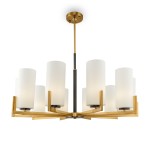 Lampa wisząca Fortano MOD089PL-10BS, 10-punktowa, z metalową konstrukcją w odcieniu złotym. Posiada sześć cylindrycznych kloszy z białego szkła, rozłożonych na symetrycznej podstawie. Ujęcie z dołu, ukazujące detale lampy na białym tle.