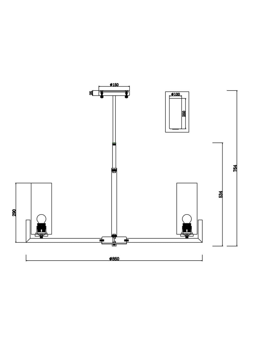 Lampa wisząca Fortano 10-punktowa MOD089PL-10BS, metalowa konstrukcja w kolorze czarnym, z dziesięcioma oprawkami na żarówki. Ujęcie z góry, ukazujące wymiary: długość 960 mm, wysokość 764 mm, szerokość 150 mm.