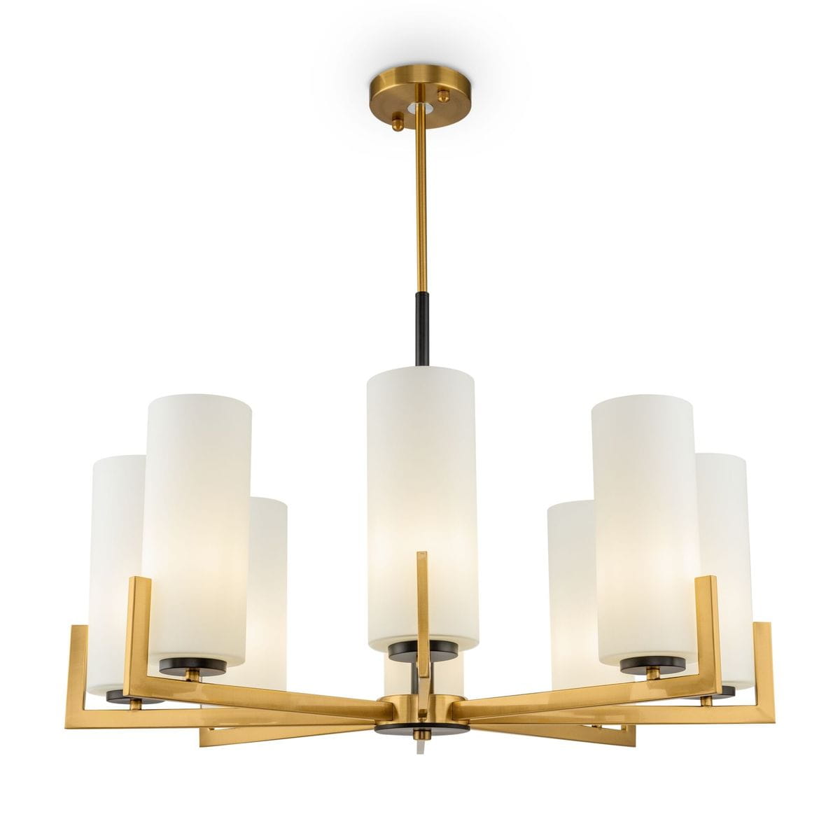 Lampa wisząca Fortano MOD089PL-08BS z ośmioma punktami świetlnymi. Metalowa konstrukcja w odcieniu złota, z matowymi, białymi kloszami w kształcie cylindrów. Produkt zawieszony na cienkim, prostym wsporniku, z minimalistycznym designem.