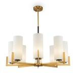 Lampa wisząca Fortano MOD089PL-08BS z ośmioma punktami świetlnymi. Metalowa konstrukcja w odcieniu złota, z matowymi, białymi kloszami w kształcie cylindrów. Produkt zawieszony na cienkim, prostym wsporniku, z minimalistycznym designem.