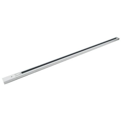 Biała prowadnica szynowa Track Orlicki o długości 150 cm, wykonana z metalu. Produkt leżący na jednolitym tle, z widocznymi mocowaniami po obu stronach oraz gładką, matową powierzchnią.