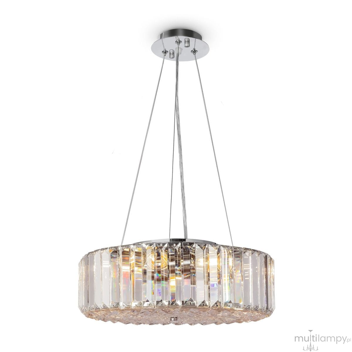 Lampa wisząca Recinto 6-punktowa MOD080CL-06CH z chromowanym stelażem i przezroczystym kloszem z teksturą. Okrągły kształt, zawieszona na metalowych linkach, idealna do nowoczesnych wnętrz.