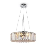 Lampa wisząca Recinto 6-punktowa MOD080CL-06CH z chromowanym stelażem i przezroczystym kloszem z teksturą. Okrągły kształt, zawieszona na metalowych linkach, idealna do nowoczesnych wnętrz.
