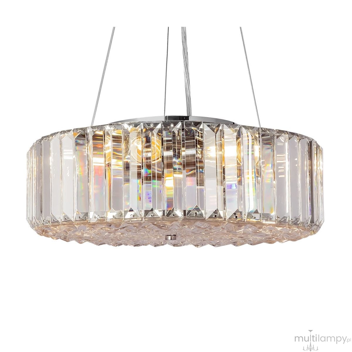 Lampa wisząca Recinto 6-punktowa MOD080CL-06CH, o okrągłym, przezroczystym kloszu z wyraźnymi, prostokątnymi żłobieniami, zawieszona na cienkich linkach. Efektowne odbicia świetlne, chromowany element mocujący. Idealna do nowoczesnych wnętrz.