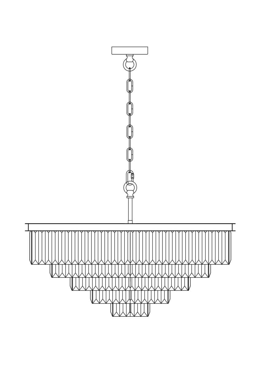 Lampa wisząca Revero, 12-punktowa, wykonana z mosiądzu. Ma okrągły kształt z warstwowym, prostokątnym designem. Zawieszona na łańcuchu, z prostokątnym mocowaniem sufitowym. Idealna do eleganckiego wnętrza.