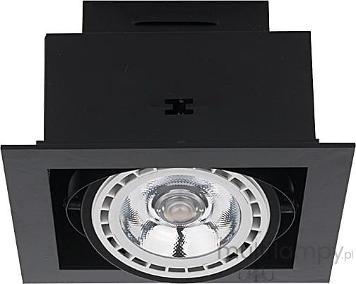 Czarna lampa sufitowa Downlight ES111, 1-punktowa, z okrągłym kloszem, umieszczona w kwadratowej ramie. Widoczne detale: przezroczysty klosz z metalowym wykończeniem oraz logo producenta w górnej części. Montaż w sufit.