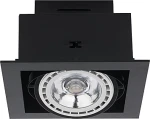 Czarna lampa sufitowa Downlight ES111, 1-punktowa, z okrągłym kloszem, umieszczona w kwadratowej ramie. Widoczne detale: przezroczysty klosz z metalowym wykończeniem oraz logo producenta w górnej części. Montaż w sufit.