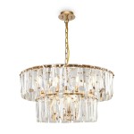Lampa wisząca Puntes MOD043PL-12G, złota, z przezroczystymi kryształowymi elementami. Okrągła konstrukcja z dwoma poziomami, zawieszona na złotym łańcuchu. Klasyczny styl z eleganckim wykończeniem, idealna do aranżacji wnętrz.