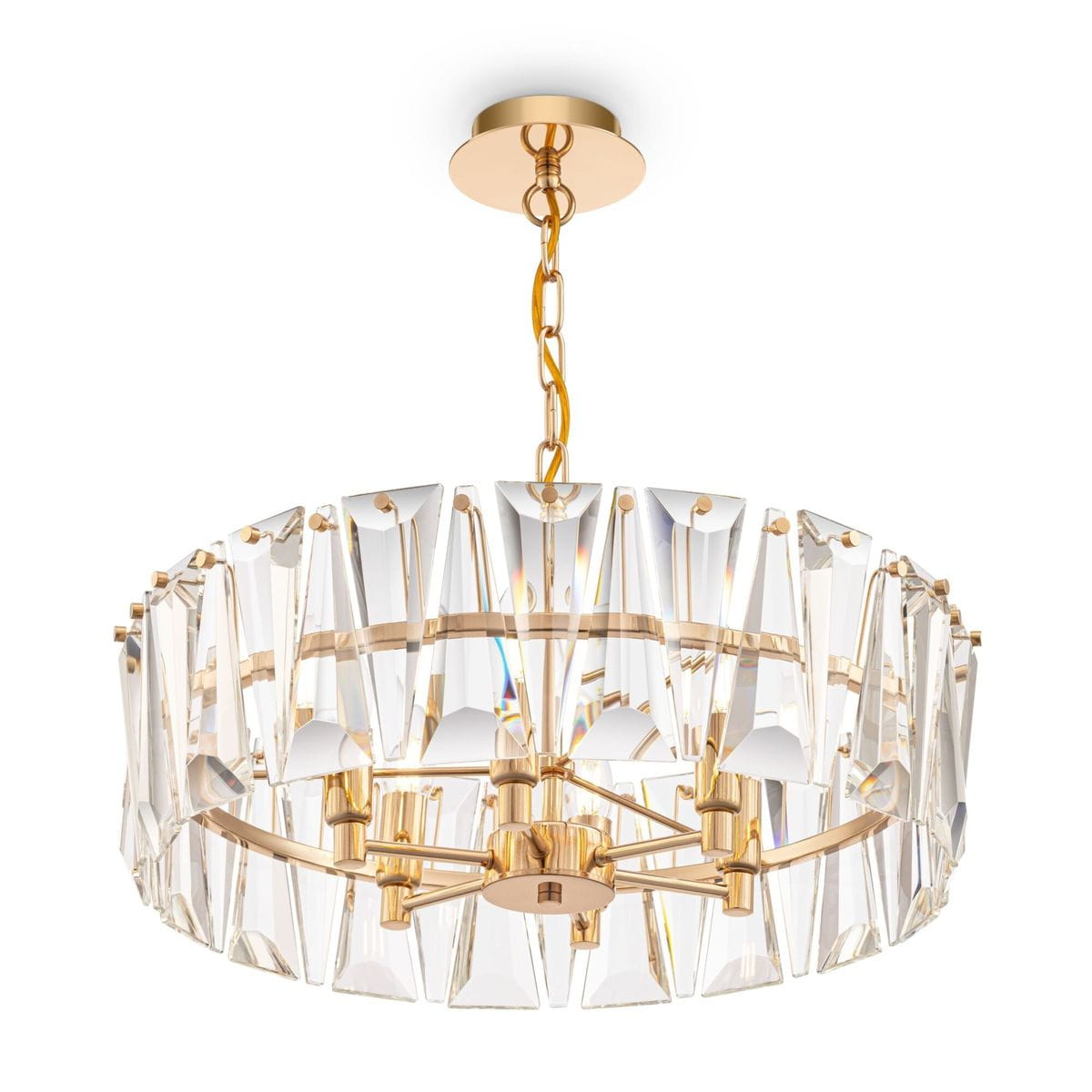 Złota lampa wisząca Puntes MOD043PL-06G z sześcioma punktami świetlnymi. Okrągła konstrukcja z przezroczystymi, diamentowymi akcentami. Zawieszona na złotym łańcuchu, idealna do eleganckich wnętrz.