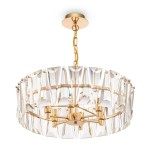 Złota lampa wisząca Puntes MOD043PL-06G z sześcioma punktami świetlnymi. Okrągła konstrukcja z przezroczystymi, diamentowymi akcentami. Zawieszona na złotym łańcuchu, idealna do eleganckich wnętrz.