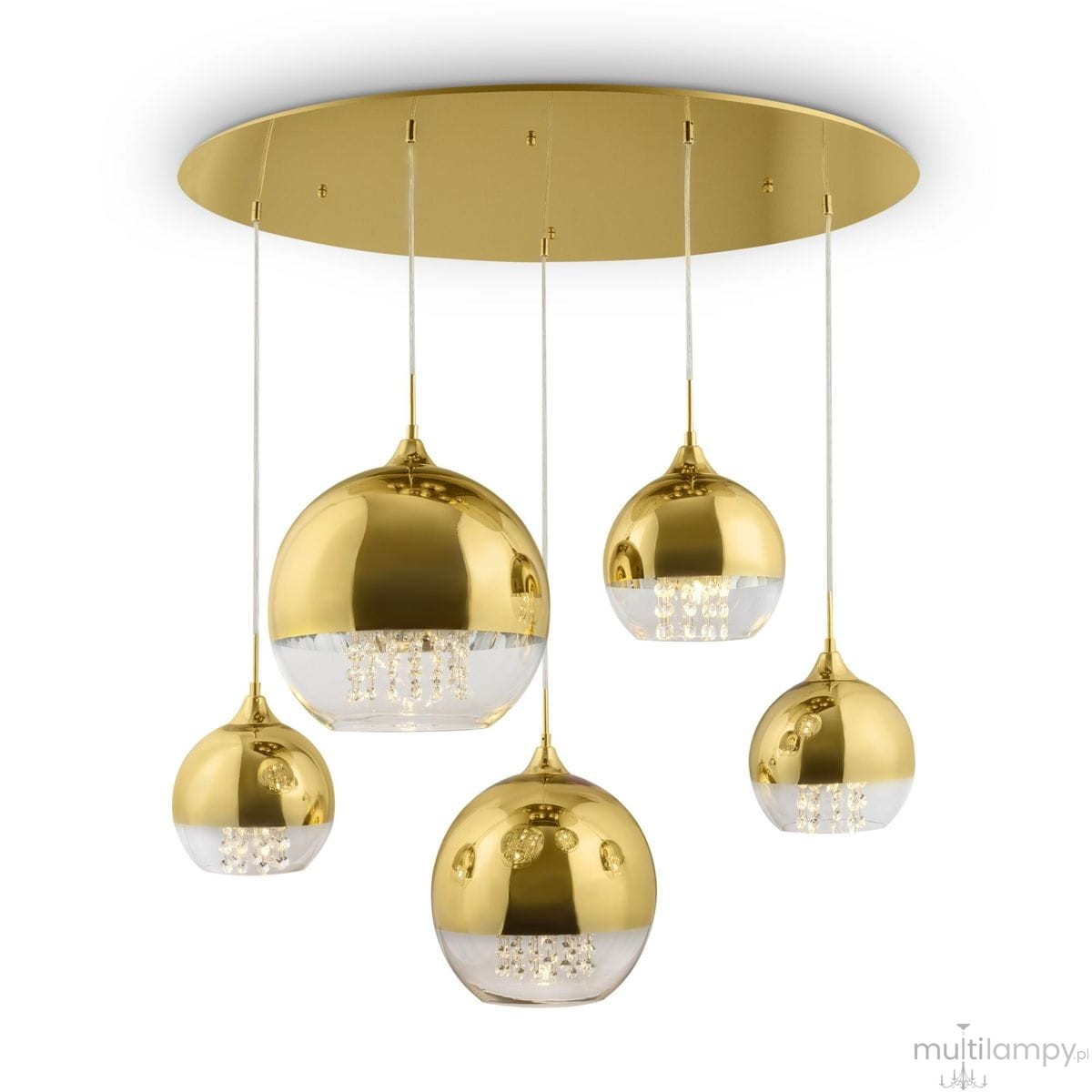 Lampa wisząca Fermi, 5-punktowa, z metalowym złotym kloszem i przezroczystym dolnym fragmentem. Klosze mają różne rozmiary, zawieszone na cienkich linkach z okrągłą złotą podsufitką. Elegancki design idealny do nowoczesnych wnętrz.