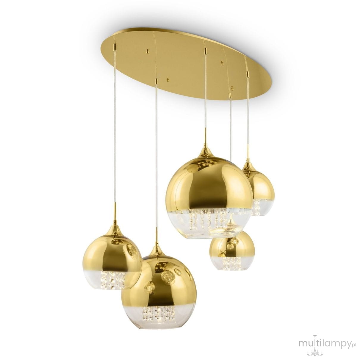 Lampa wisząca Fermi 5-punktowa w kolorze złotym z okrągłymi kloszami, z przezroczystymi dolnymi częściami. Klosze różnej wielkości zawieszone na cienkich linkach, zamocowane do okrągłej podstawy sufitowej w tym samym kolorze.