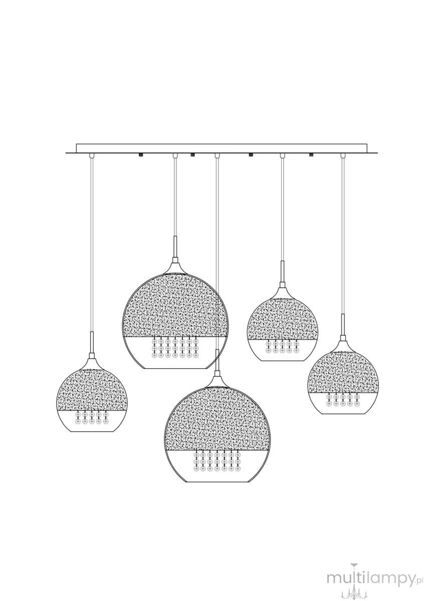 Lampa wisząca Fermi, 5-punktowa, złota, z pięcioma okrągłymi kloszami o różnych rozmiarach, każdy z dekoracyjnym wzorem. Ujęcie frontalne, zawieszona na prostokątnej podstawie, z widocznymi detalami mocowania. Idealna do nowoczesnych wnętrz.