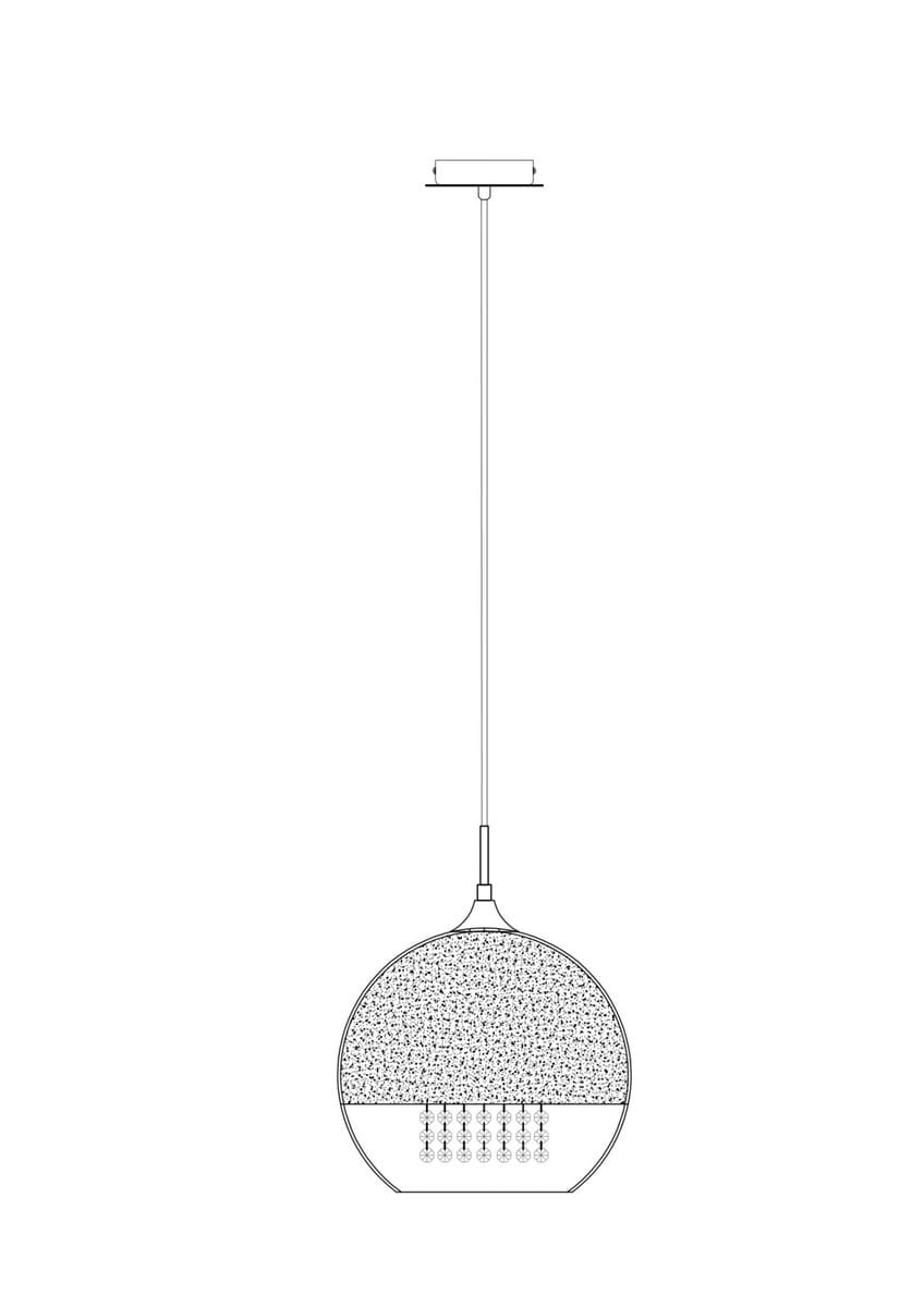 Lampa wisząca Fermi 1-punktowa w kolorze złotym, z okrągłym kloszem z dekoracyjnym wzorem. Umieszczona na cienkim przewodzie, zawieszona na prostokątnej podsufitce. Klosz z detalami świetlnymi, zbliżonymi do kryształków.
